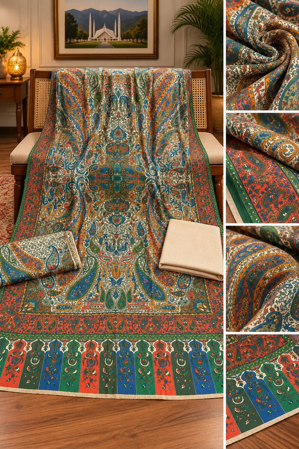 Multicolour Kalamkari printed unstitched three piece pashmina fabric suit with paisley shirt coordinating shawl and ivory plain trouser Taj Mehal Handicrafts Islamabad
