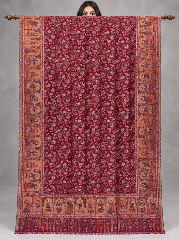Maroon Moonlight zari Kani Pashmina shawl with birds, floral vines and golden figurative borders, fully open on a wooden rod in a studio | Taj Mehal Handicrafts