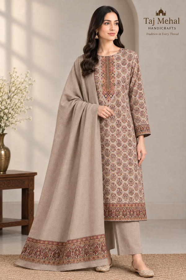 Mona Lisa Kani unstitched three piece beige suit with floral shirt, plain trousers and dupatta with a single bottom border – Taj Mehal Handicrafts