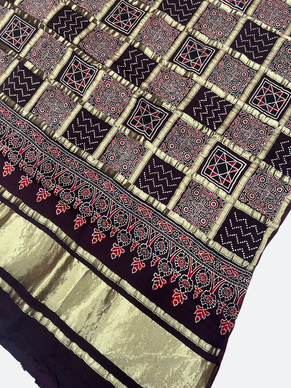 Sindhi Ajrakh Gajji Silk Dupatta – Traditional Patalo Design - Tajmehalhandicrafts