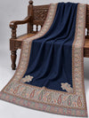 Close view of the navy Kani shawl's paisley border, corner motifs and layered end border — Taj Mehal Handicrafts