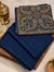 Navy blue Sui Print hand embroidered pashmina 3-piece suit with gold paisley shawl on carved wooden tray | Taj Mehal Handicrafts