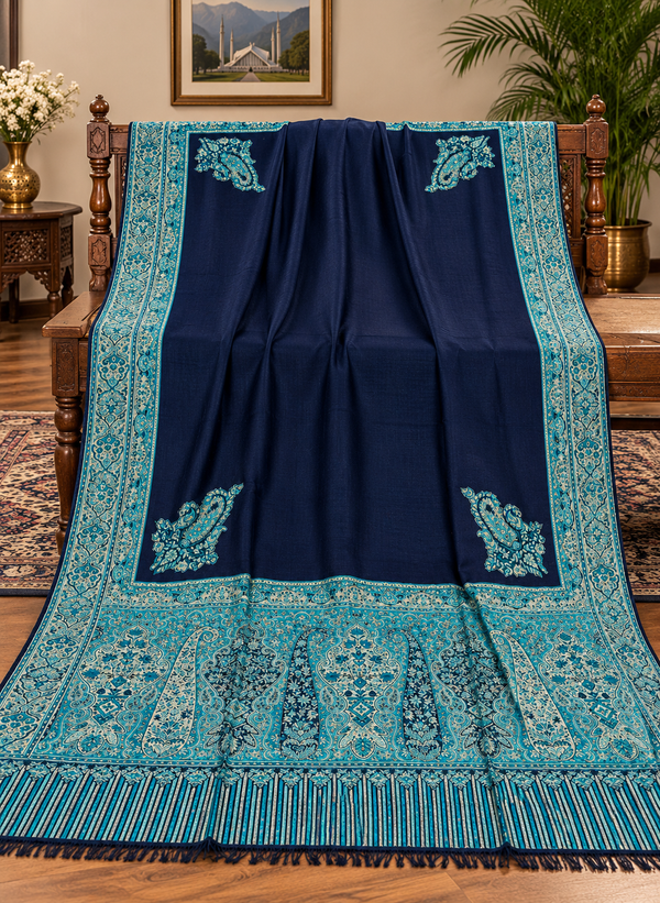 Navy blue Moonlight Kani border shawl turquoise paisley floral border 40x80 inches Taj Mehal Handicrafts Islamabad