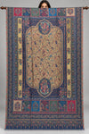 Navy and gold Moonlight zari Kani Pashmina shawl with floral vines, oval medallions and multicolour panels, fully open on a wooden studio rod | Taj Mehal Handicrafts