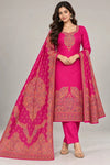 Model wearing a pink suit with a matching patterned dupatta and paisley border – Taj Mehal Handicrafts