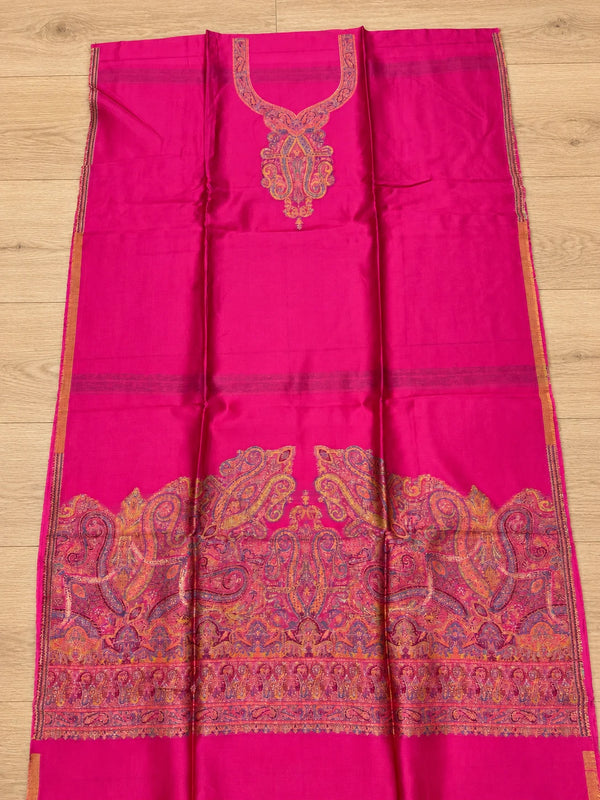 Pink unstitched suit shirt front with an ornamental neckline and detailed paisley hem border – Taj Mehal Handicrafts
