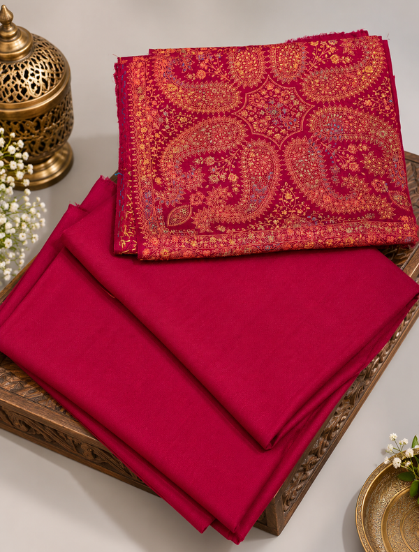 Ruby maroon Sui Print 3-piece woolen pashmina suit with golden paisley embroidered shawl studio display | Taj Mehal Handicrafts