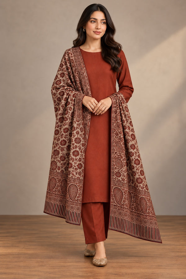 Model wearing a rust unstitched two-piece suit with Moonlight floral paisley shawl