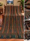 Green and rust Stripe Monalisa Kani woolen shawl with vertical floral stripes displayed on wooden bench Taj Mehal Handicrafts Islamabad