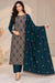 Teal 3D embroidered winter suit with matching trousers and floral embroidered stole at Taj Mehal Handicrafts, Islamabad, Pakistan