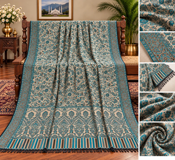 Ivory teal blue full woven Kani woolen shawl 2.75 yards made in Pakistan Taj Mehal Handicrafts Islamabad
