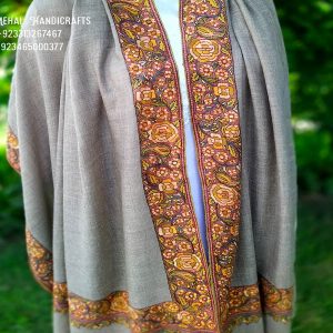 Un Dyed Taupe Border Embroidery Cashmere Shawl